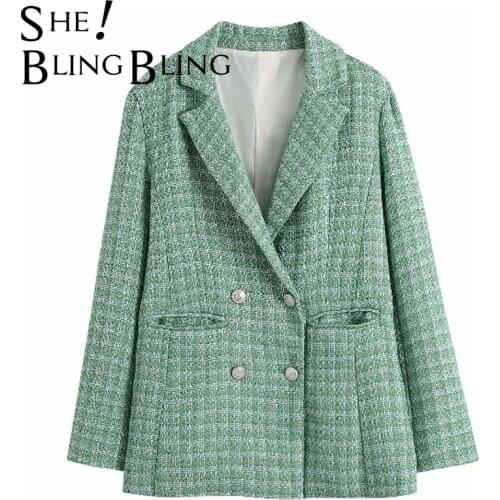 SheBlingBling Za 2021 Official Suit Sequin Double Row Button Jacket Long Sleeve Pocket Blue Women Suits Blazer Urban Outfits