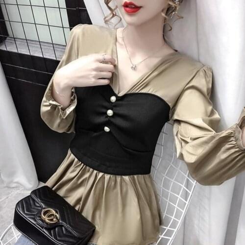 Stitching Fake Two-Piece Long-Sleeved Shirt Womens Slim V-neck Top Blusas Ropa De Mujer
