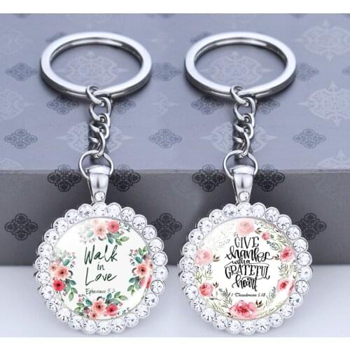 Bible Verse Keychain Walk In Love Glass Cabochon Rhinestone Pendant Scripture Religious Jewelry Jesus God Keyring