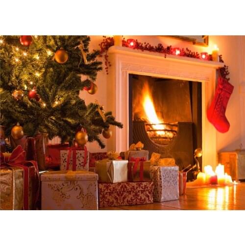 VinylBDS Photo Background Room Wood Floor Gift Box Backdrops Fireplace Red Sock Christmas Tree For Children Photo Studio