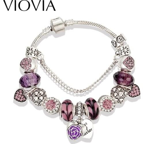 VIOVIA Fashion Purple Crystal Beads Bracelets & Bangles Antique Silver Color Heart Charm Bracelets For Women Pulseras B16102
