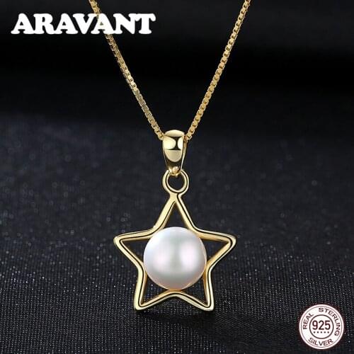 Real Natural Freshwater Pearl Pendant Gold Chain Necklace For Women 925 Sterling Silver Star Necklaces Wedding Pearl Jewelry