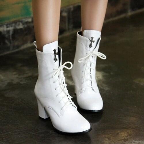 2021 winter high heels Plush Mid Boots thick soled Martin boots thick heel female red lace up Mid Boots