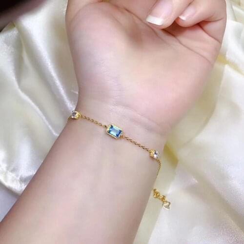Attractive blue Topaz gemstone bracelet for women jewelry real 925 silver natural gem golden color silver bracelet girl gift