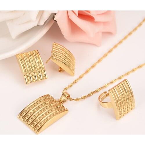 Ethiopian geometry square Big Pendant Earrings Flower Jewelry sets Gold Color African Wedding Women Habesha Gift