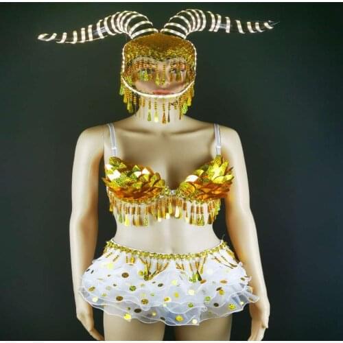 Party girl Nightclub female gogo luminous headgear stage golden mermaid bikini costume