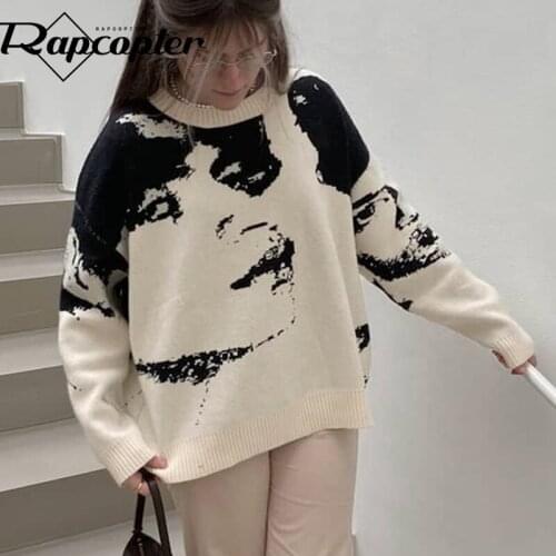 Rapcopter Printed Grunge Sweaters y2k Loose Casual Knitted Jumpers Long Sleeve O Neck Pullovers Autumn Winter Knitwear Women 90s