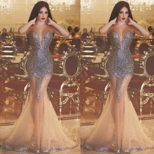 SuperKimJo Robe De Soiree 2020 Champagne Beaded Sexy Evening Dresses Long Sweetheart Neck Mermaid Evening Gown 2021
