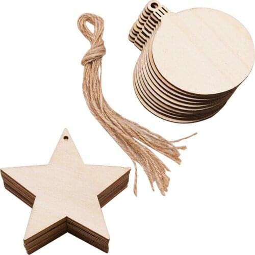 10pcs Christmas Tree Wooden Ornaments Christmas Ball Star Shape Natural Blank Wood Tags New Year Xmas Party Home Hanging Pendant