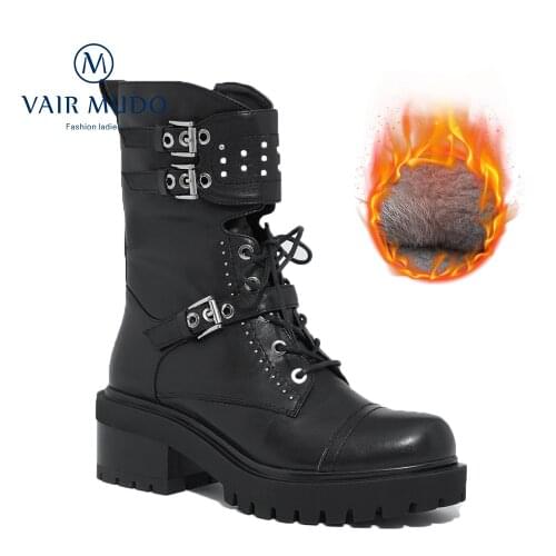 VAIR MUDO Ankle Boots Shoes Thick Bottom Round Toe Black Motorcycle Boots Waterproof Platform Concise Solid Shoes Cool DX180-C