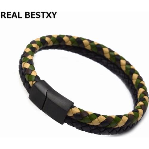 REAL BESTXY Black Color military color steel Buckle Genuine Leather Bracelet For Men Stainless Steel Fine Jewelry bracelet