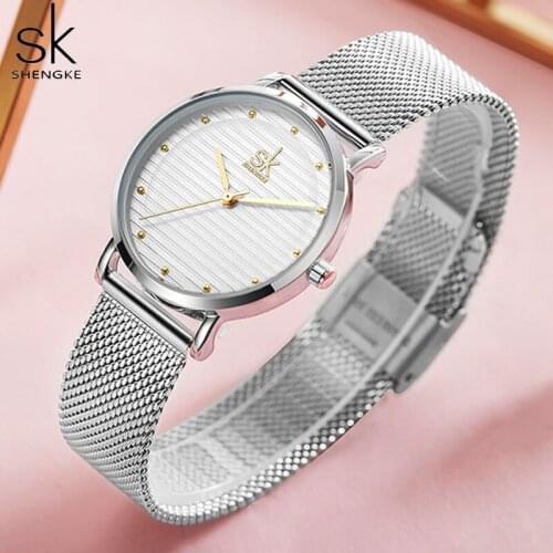 Shengke Luxury Sliver Quartz Wrist Watches Fashion Watches Women Casual Brand Dress Ladies Rhinestone Waterproof SK Reloj Mujer