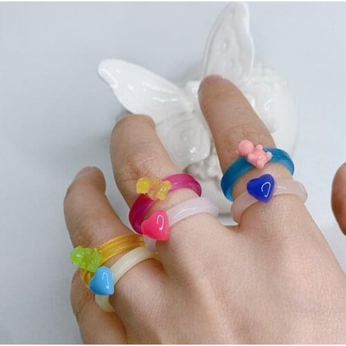 2pcs Cute Bear Heart Rings for Women Cartoon Vintage Harajuku Handmade DIY Animal Resin Rings Charms Y2K Jewelry 90s Aesthetic