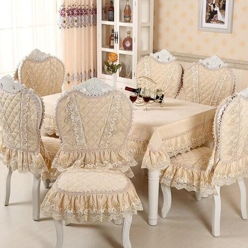 Chair Cover Set Cotton Jacquard Floral Damask Chair Back Cover+Lace Cushion Dinning Room Home Decoration European Classic Style