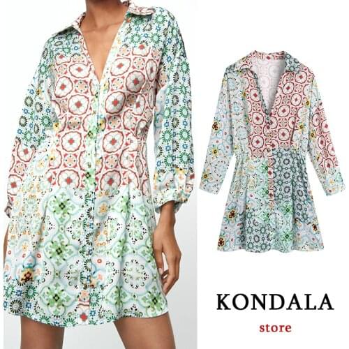 KONDALA Women Vintage Chic Floral Print Mini Shirt Dress Long Sleeve V Neck Boho Stylish Dress Elegant Mujer Vestidos
