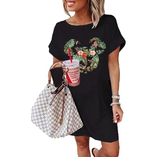 Mickey Mouse Flower Kawaii Mickey Head Dress Woman Summer Clothes for Women Casual Dresses Plus Size Funny T Shirt Dress Girl
