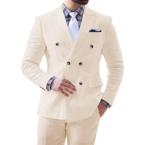 Mens Two Piece Lapel Beige Light Blue Solid Double-Breasted Slim Fit For Formal Wedding Suits Tuxedos (Blazer+Pant) 2021
