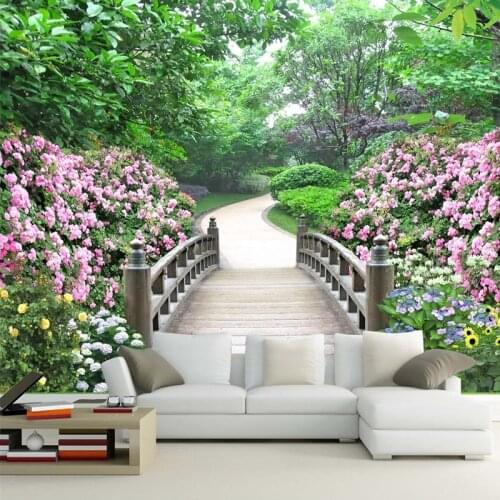 Pastoral Style Garden Wood Bridge Fresh Natural Mural Wallpaper Living Room Cafe Interior Decor Wallpaper Papel De Parede Floral