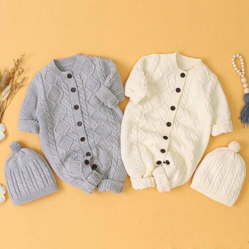 Autumn Winter Baby Boys Girls Pure Color Rompers Clothes + Hat 2PCS Children Baby Boy Girl Kids Knitting Long Sleeve Rompers