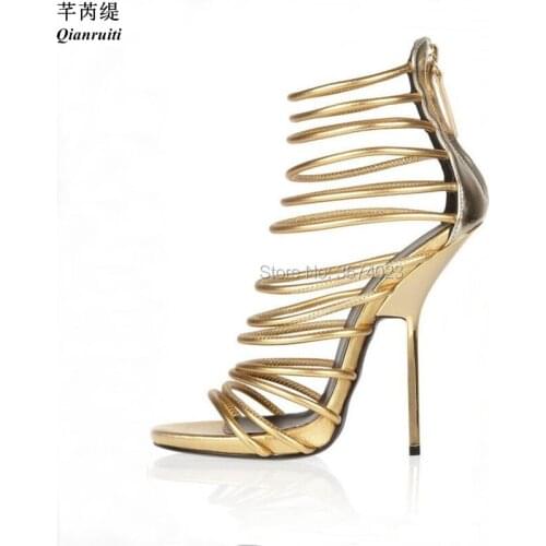 Qianruiti Summer Golden Sandals Mirror Leather Cut Outs High Heels Gladiator Peep Toe Heels Classic Zipper Sandalias Rome Heels