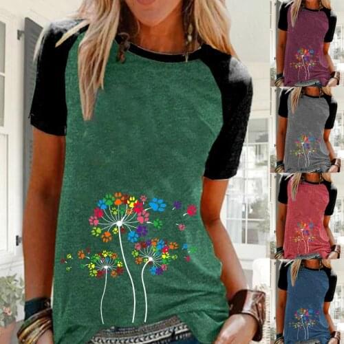 Womens Summer Fashion Dandelion Printed Casual Shirt Plus Size Short Sleeve T-shirt Ladies Round Neck Raglan Shirts Plus Size