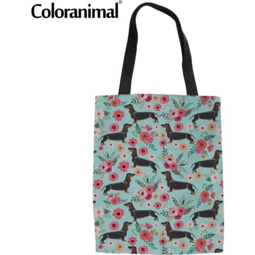 Coloranimal Cute Black Dachshund Dog Flower Print Tote Bag Shopper Canvas Bag Reusable Fold Cloth Bag Women Shoulder Bag
