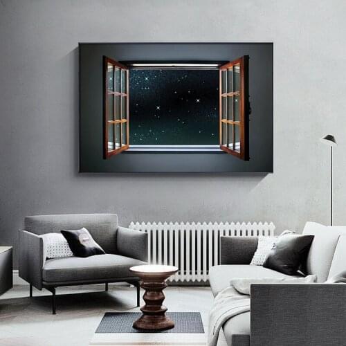 Nordic Landscape Windows View Canvas Painting Posters and Print Night Stars Home Decor Art Wall Pictures for Living Room Bedroom