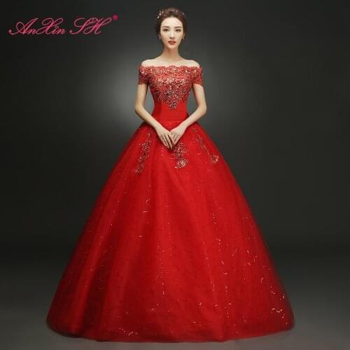 AXJFU Red flower lace beading wedding Dress luxury princess beading boat neck golden sparkly red wedding dress