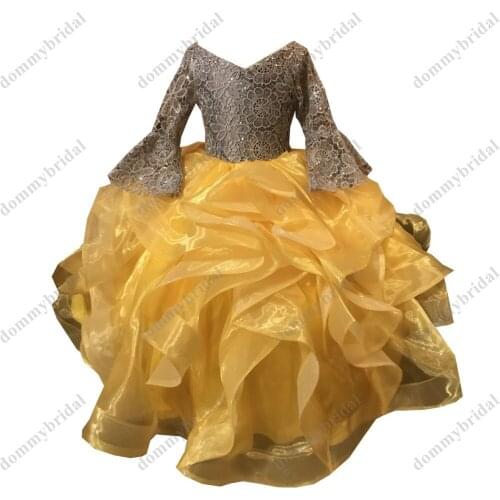 Vintage V neck Juliet Long Sleeves Toddler Pageant Flower Girl Dresses Yellow Gray Lace Ruffled ball Gown Party Kids Birthday
