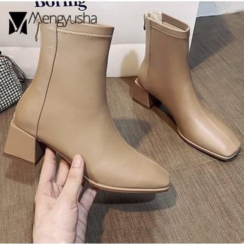 British Women riding boots pu leather shoes solid chunky high heels knight botas retro square toe zipper chelsea booties female
