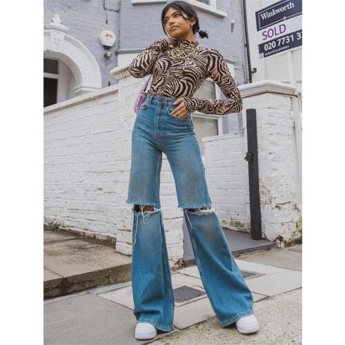 Womens Ripped Wide Leg Jeans All-match High Waist Flared Denim Pants for Vacation Party Holiday Travelling Shopping