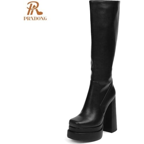 2021 High Heels Womens Boots Thick Platform Knee High Ladies Boots with Zipper Female Casual Shoes Off White Black Plus Size 43