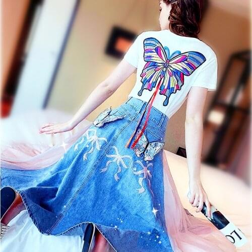 Summer Two Piece Set Women Embroidery Butterfly Appliques Tees Tops And Ladies Sequined Spliced Denim Skirts Suit Clothes SL052
