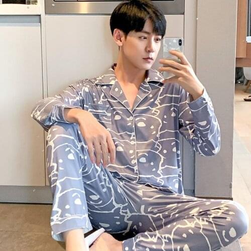 Plus Size Long Sleeve Print Pajama Sets for Men 2021 Autumn Korean Loose Sleepwear Suit Pyjama Male Homewear Lounge Home Clothes