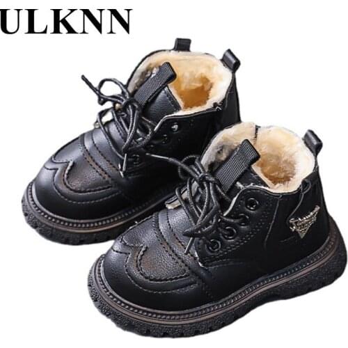 Boys Winter Plush Boots 2021 New Childrens Shoes Short Boots Black Leather Boot Girls' Single Shoe Middle-aged Martin Boots