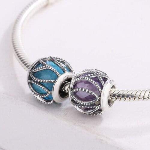 925 Sterling Silver The Circular Hollow Out Large Purple Blue Charm Beads Pendant Bracelet DIY Jewelry Making For Pandora
