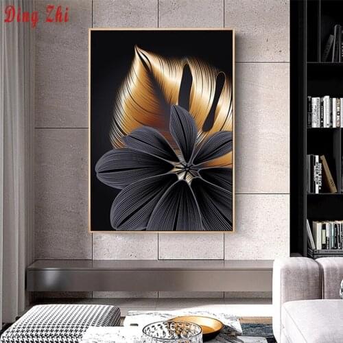 Black Gold Plant Leaf Diamond Painting Modern Home Gift Rhinestone Diamond Embroidery Mosaic Nordic Wall Art Square Round Drill