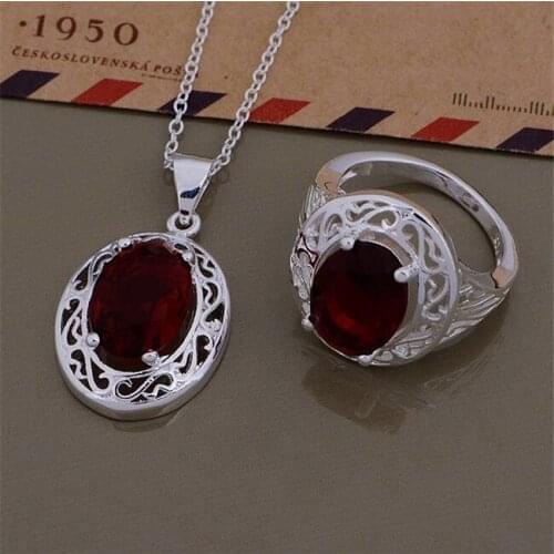 AS549 Hot Sale Silver Plated Color Jewelry Sets For Women Wholesale High Quality Classic Ring 377 + Necklace 878
