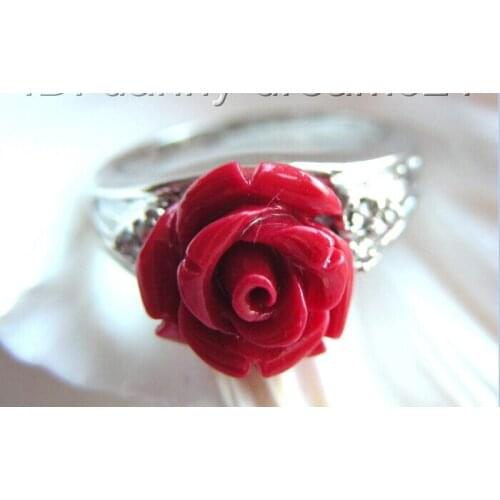 FREE SHIPPING > >>>Genuine 12mm red coral carved flower rings b550 rings