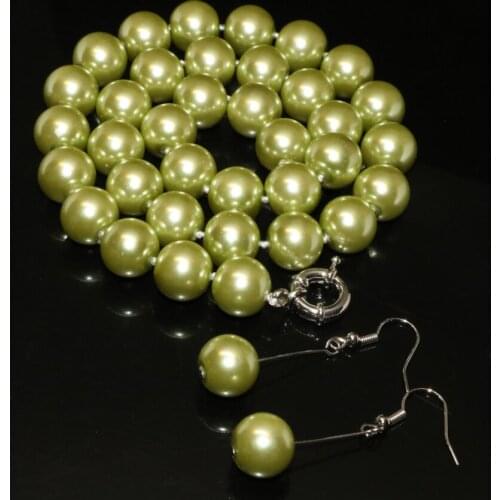 Wholesale original design light green round 12mm simulated-pearl shell beads necklace earrings jewelry set 18inch B2325