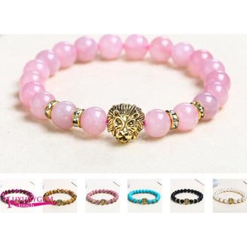 Natural Stone Bracelet Multicolor Material High Quality 8mm Round Beads Elasticity Gold Color Lionhead Crystal Jewelry wk310