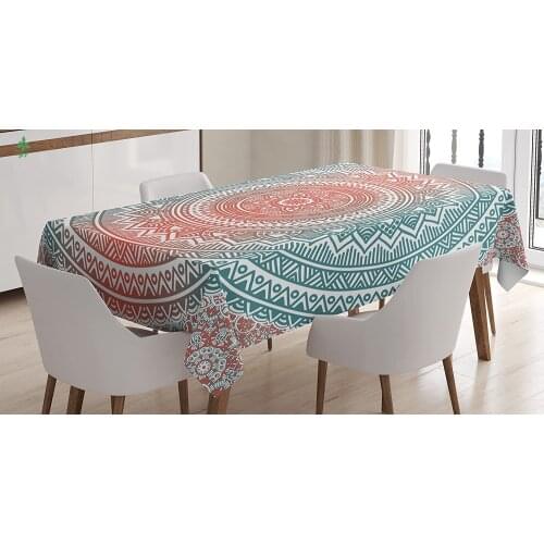 Teal And Coral Tablecloth Mandala Art Deco Restaurant Kitchen Picnic Party