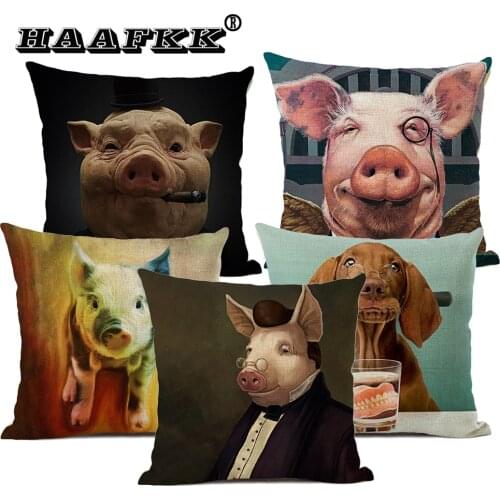Cartoon animal cushion cover home sofa decoration pillow cute pig pattern 45x45cm linen living room sofa accessories