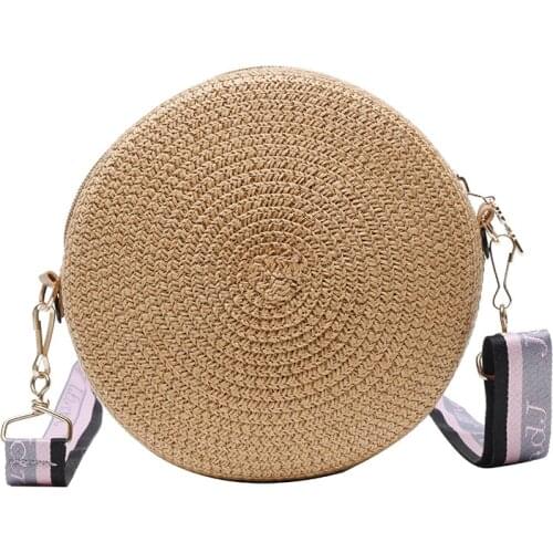 Girl Round Straw Beach Bag Vintage Handmade Woven Shoulder Bag Raffia Circle Rattan Bags Bohemian Summer Vacation Travel Bags