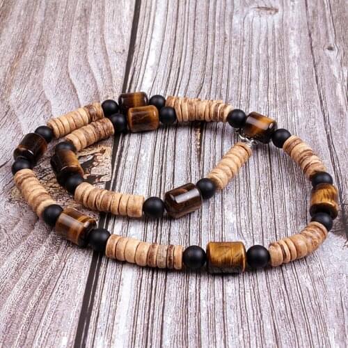 Natural Tiger Eye Stone & Wood Bead Tribal Necklace For Men