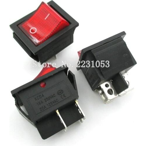 2Pcs/Lot Red Light 4 Pin On/off Boat Button Switch 250V 15A AC AMP 125V/20A P0.5 25*31mm Rocker Switches KCD4-202