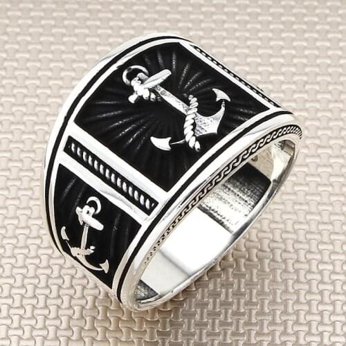 Sterling Silver Anchor wih Chain Motif Ring Captain Jewelery Sailor Ring Handmade Oxidized Accessory For Men Made in Turkey