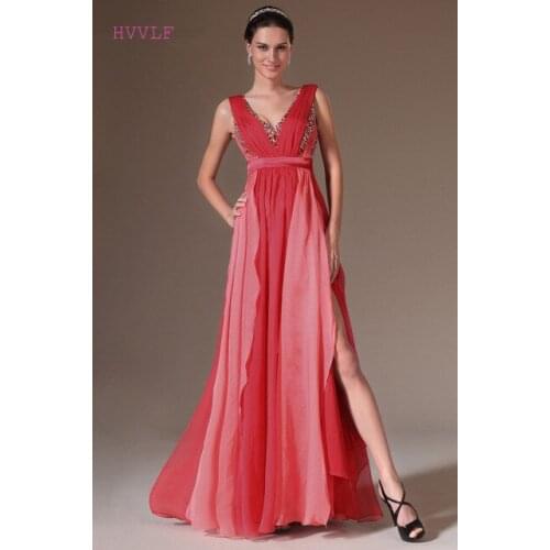 Red Evening Dresses A-line V-neck Chiffon Beaded Backless Plus Size Long Evening Gown Prom Dresses Robe De Soiree
