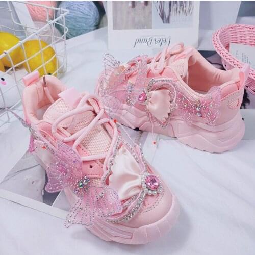 Summer fashion trend new sweet wind shiny rhinestone thick bottom mesh breathable ladies sneakers large size 35-40 handmade
