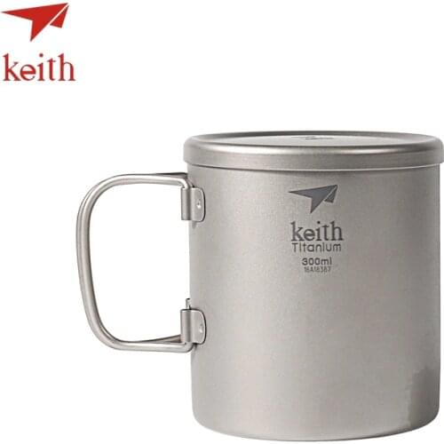 Keith Double Wall Titanium Insulated Mug With Titanium Lid Water Mugs Folding Handle Outdoor Camping Travel Tableware Utensils